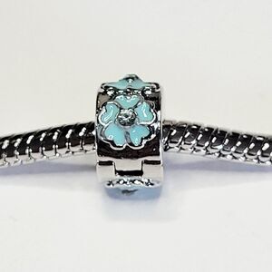 NWT For Pandora Bracelet Silver and Turquoise Blue Flower Stopper Clip Charm